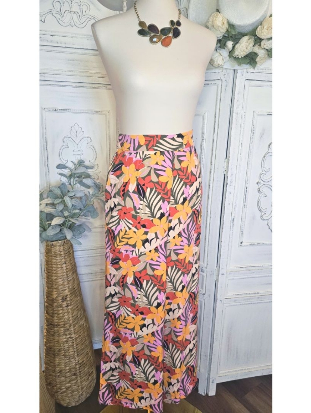 Loft Palm Leaf Tropical High Waisted Wide Legs Vacay Pants